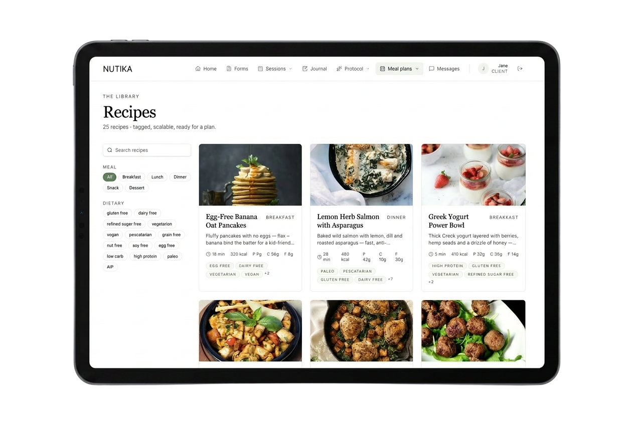 NUTIKA client portal showing the recipes library on a tablet